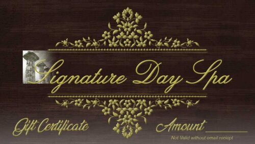 Gift Certificate features gold floral designs on a dark wood background, a small spa image on the left, and spaces for gift amount and validation note.