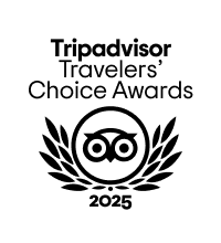 Black and white logo for the Tripadvisor Travelers Choice Awards 2025, featuring an owl icon within a laurel wreath and bold text above.